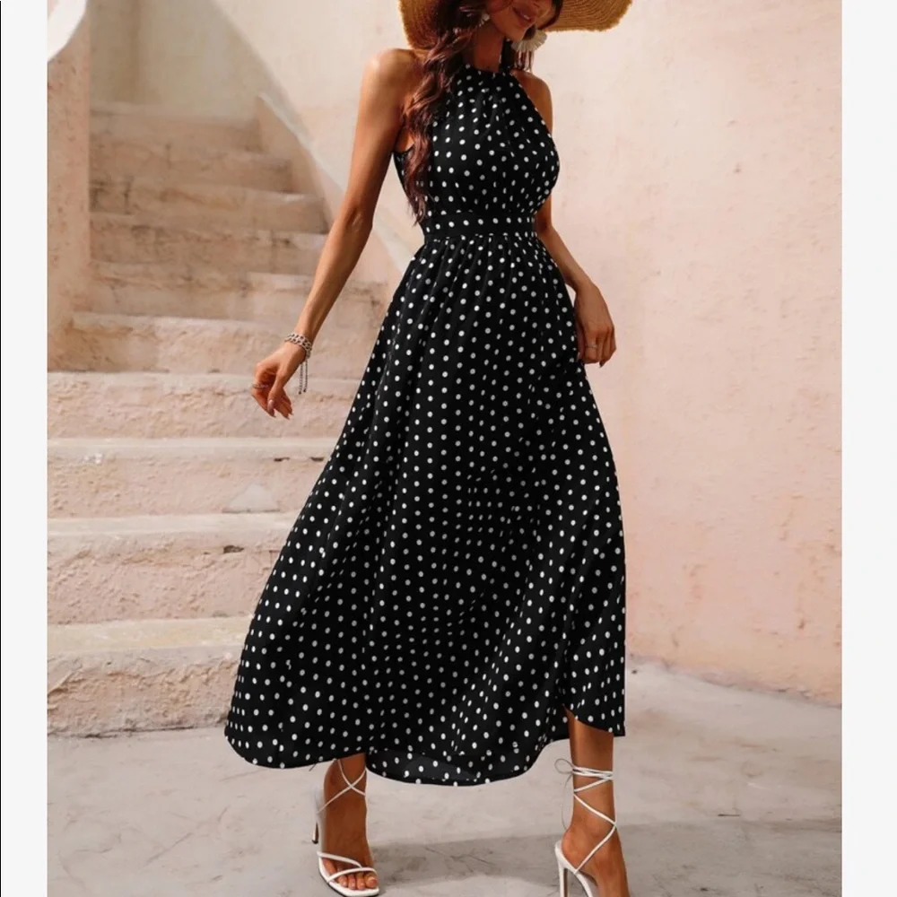 Boho Polka Dot Halter Maxi Dress Brown - Picture 13 of 13